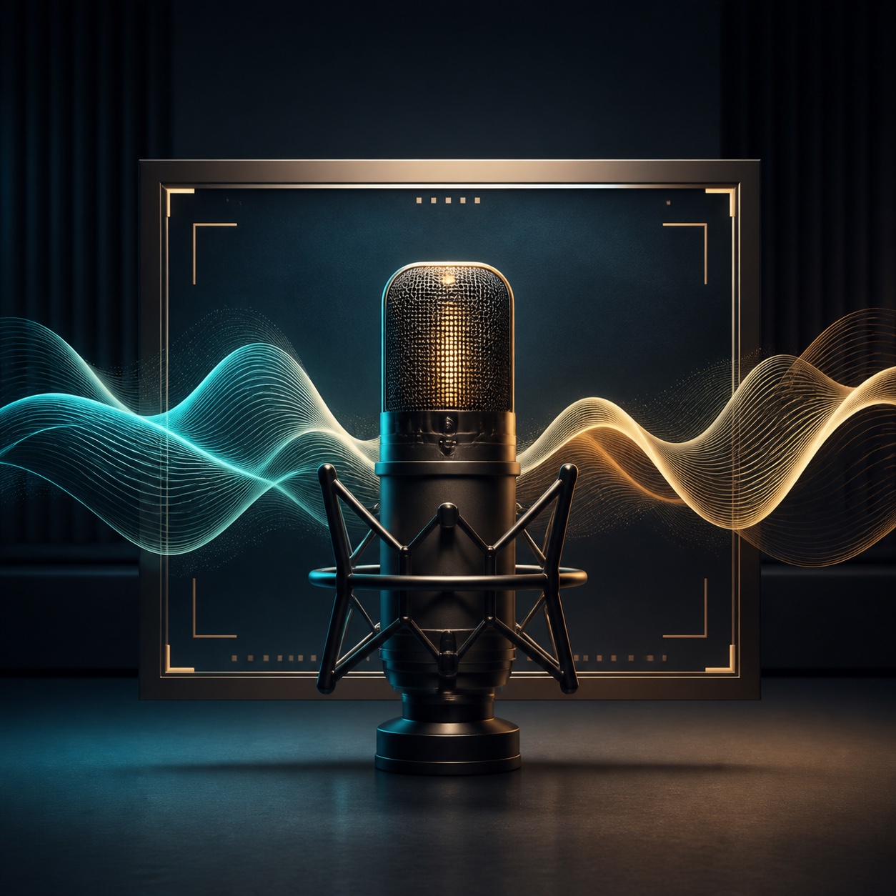 Illustration of a studio microphone with teal and gold audio waveforms
