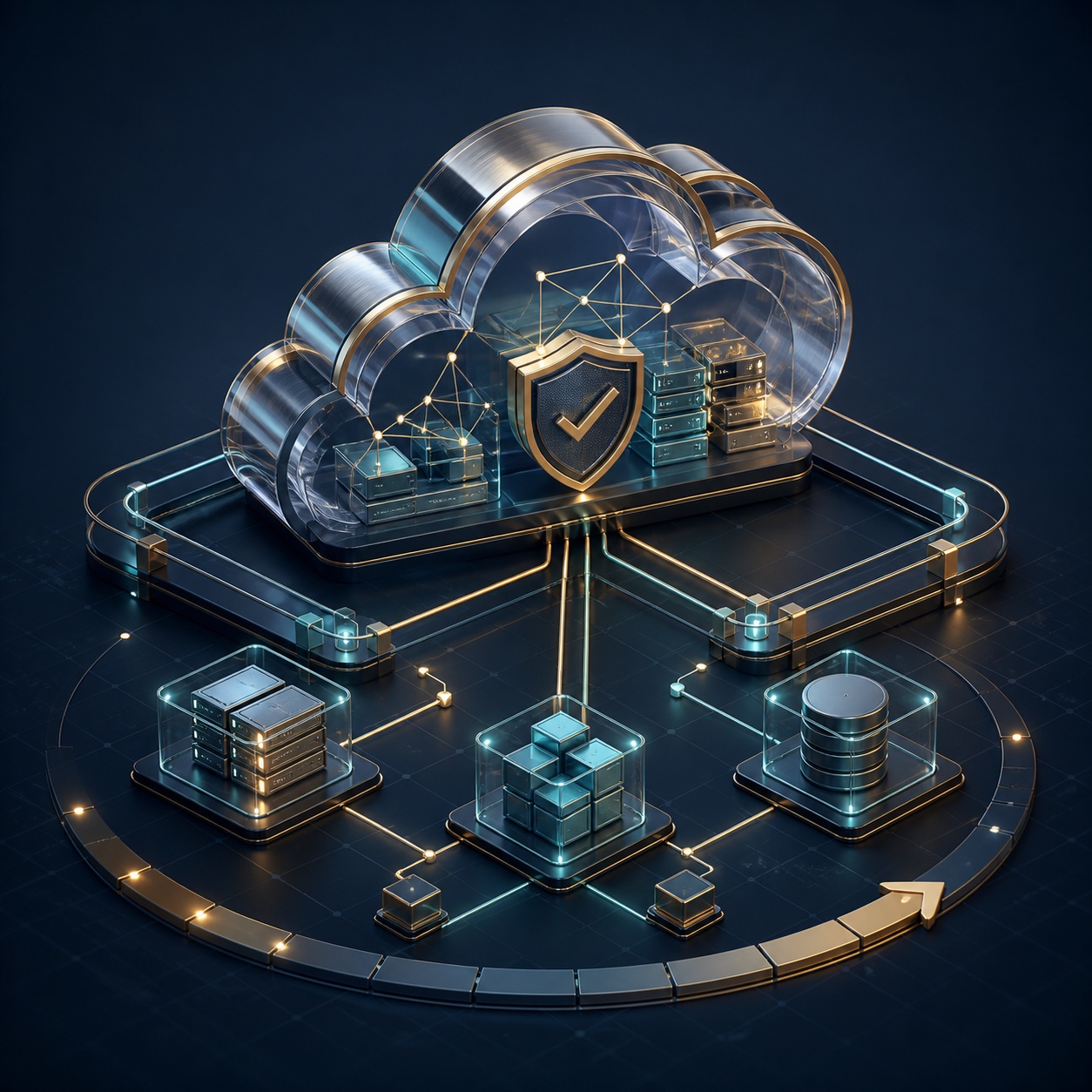 Illustration of a secured cloud platform connected to servers and data storage