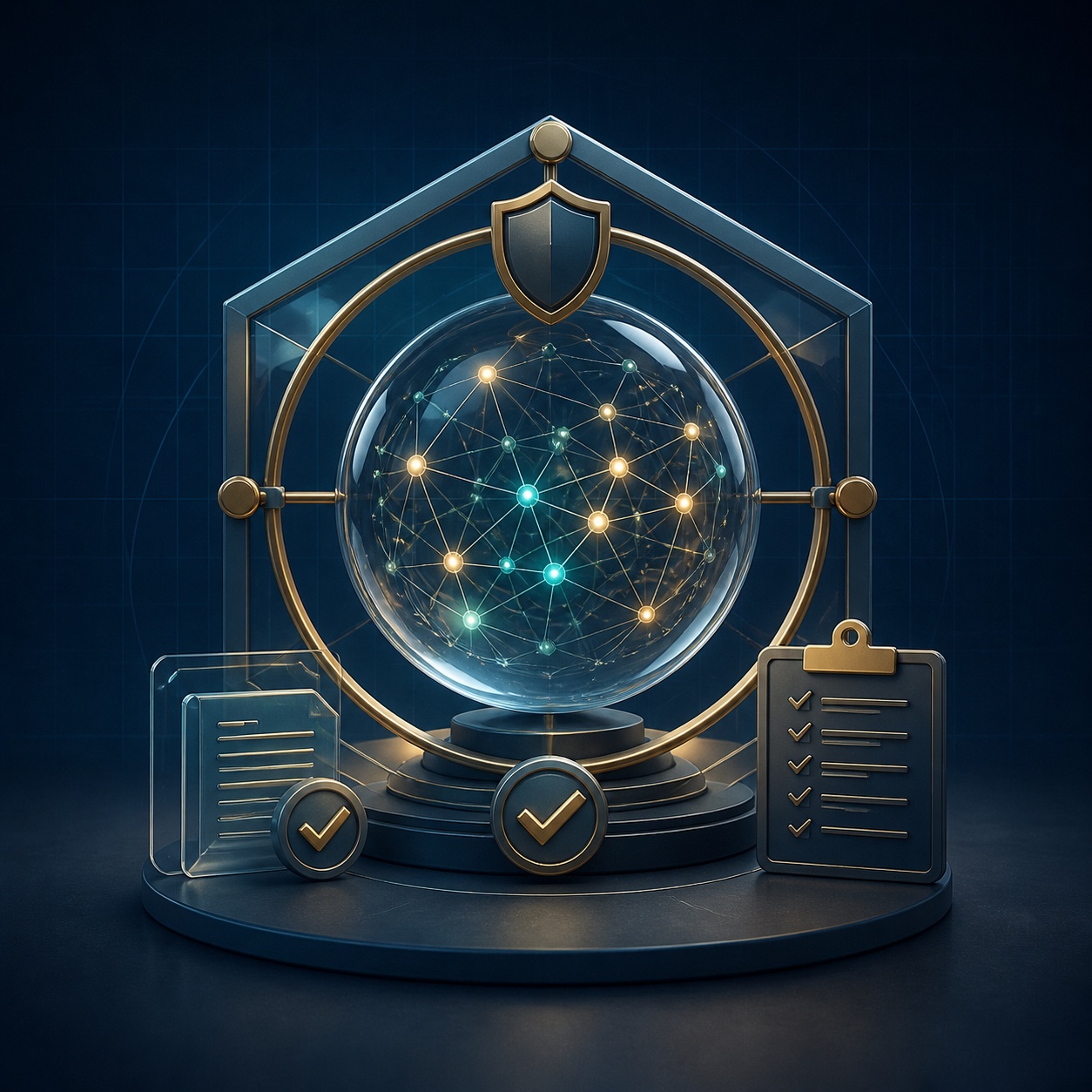 Illustration of a connected globe protected by a shield beside governance checklists
